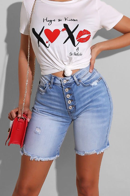 Tobdress Distressed Tassels Hem Skinny Denim Shorts