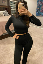 Tobdress Sexy 2 Piece Outfits Long Sleeve Crop Top Pants Set