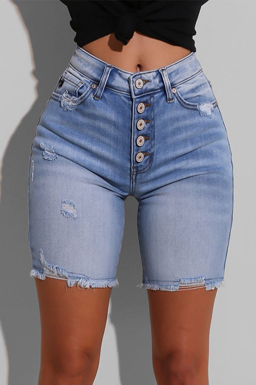 Tobdress Distressed Tassels Hem Skinny Denim Shorts