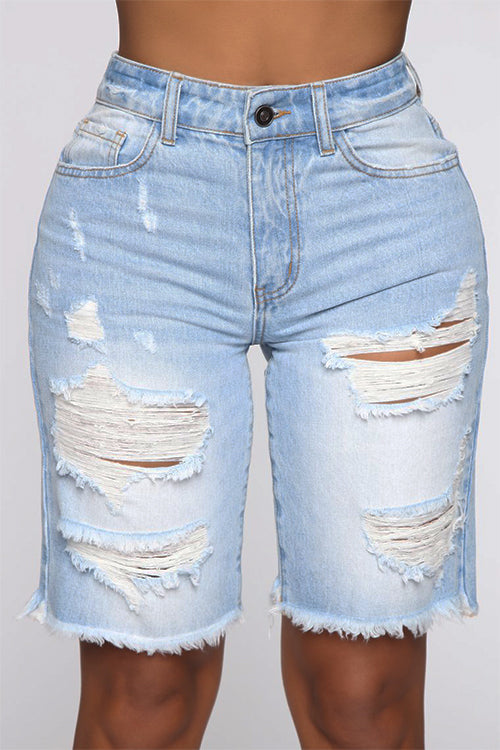 Tobdress Light Wash Distressed Denim Bike Shorts