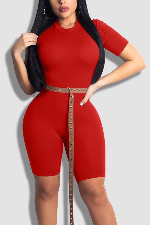 Tobdress Casual Short Sleeve Bodycon Rompers with Belt