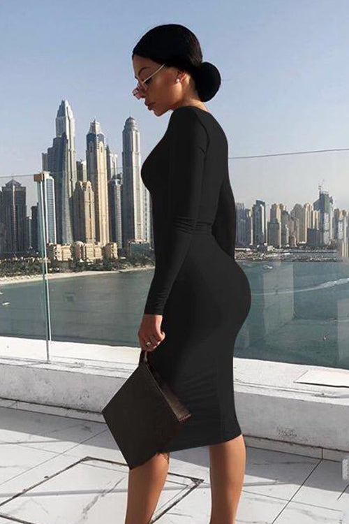 Tobdress Long Sleeve Back Zipper Business Midi Dress