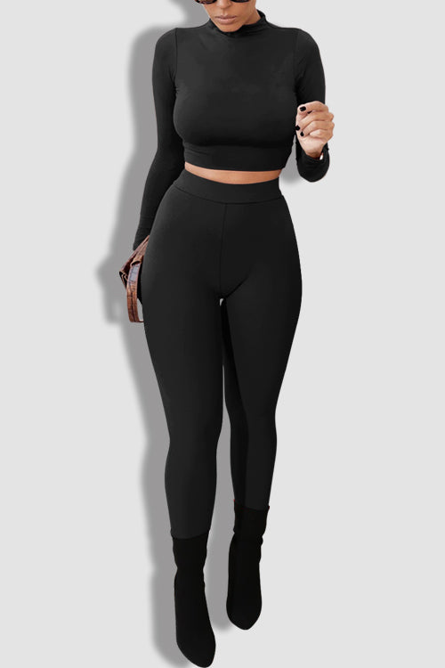 Tobdress Sexy 2 Piece Outfits Long Sleeve Crop Top Pants Set