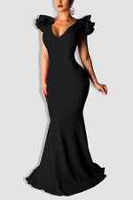 Tobdress Ruffle Shoulder Backless Evening Formal Maxi Dress